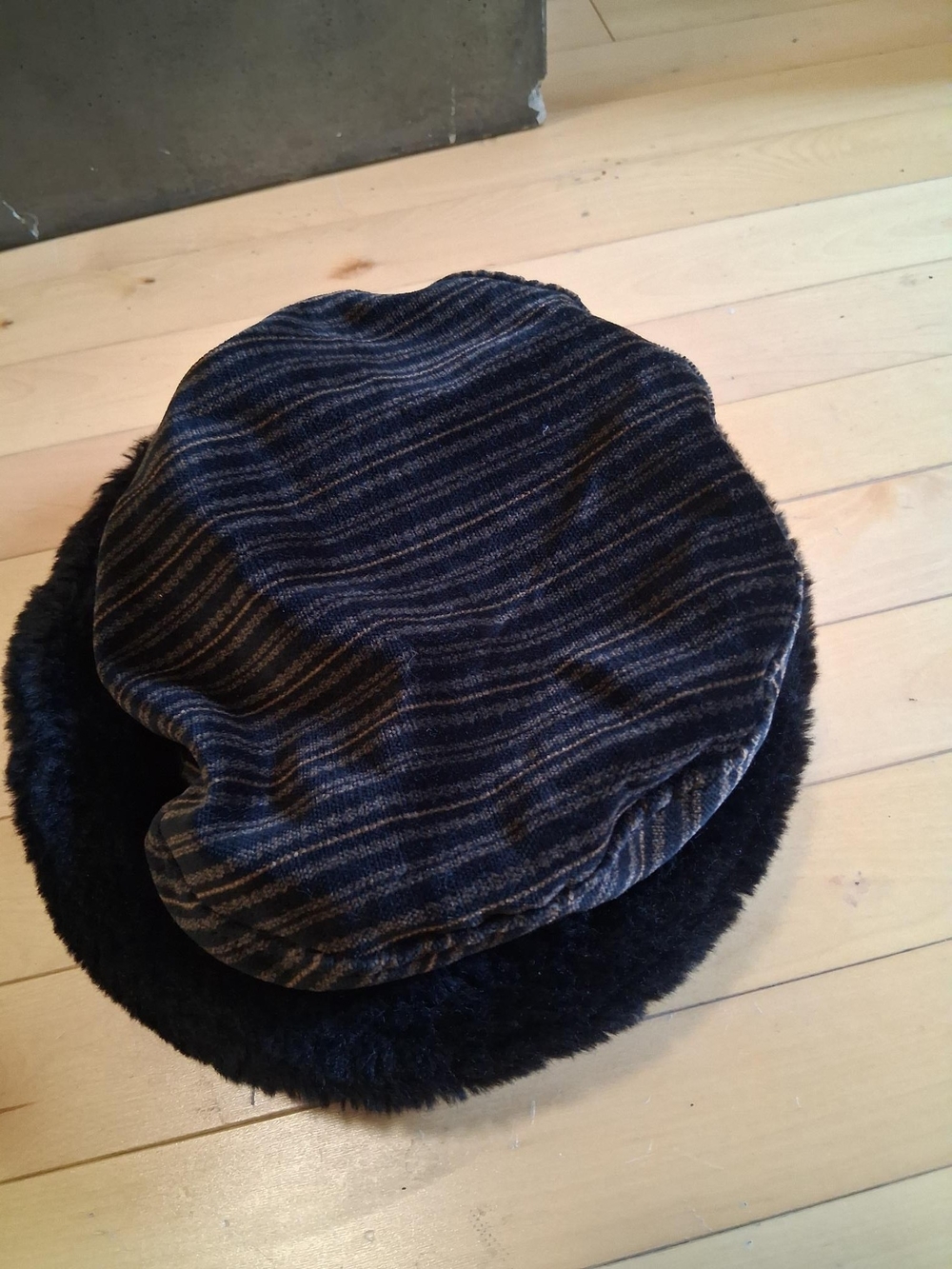 Women s Grey Striped Cap with Black Faux Fur Trim